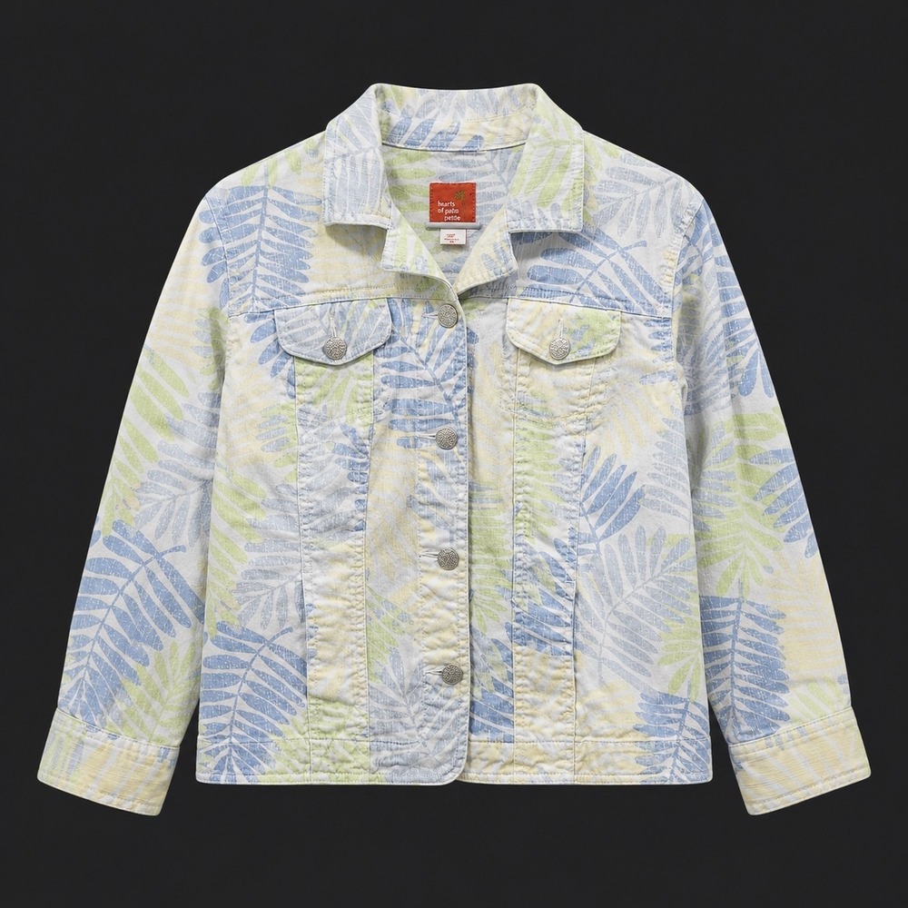 Vintage Hearts of Palm Petite Jacket 16P Tropical Palm Print Cotton Denim